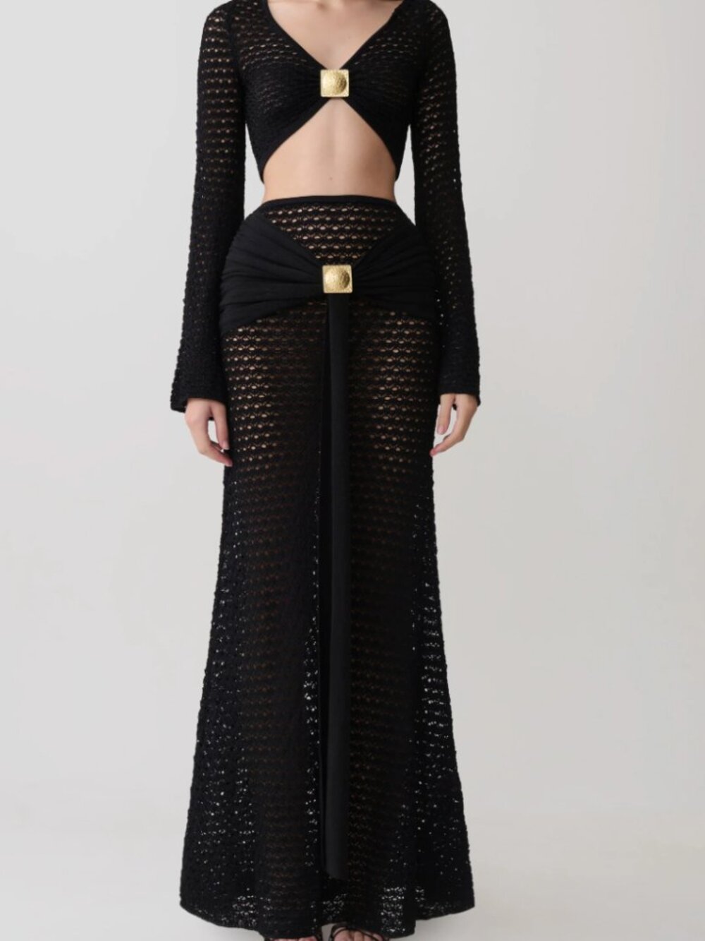 MESHKI - Crochet Maxi Skirt With Hardware - Black (L) (NWT)
